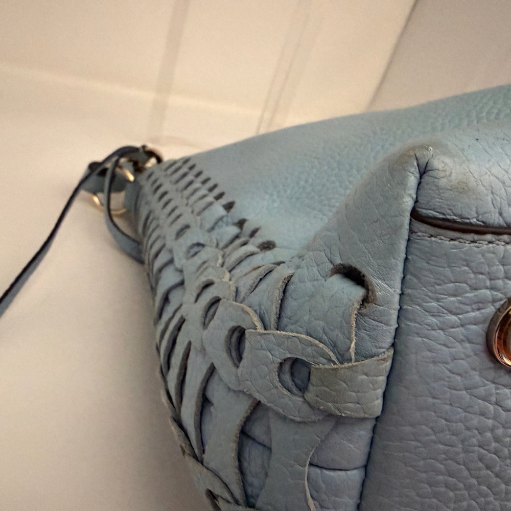 Henri Bendel Chambray Blue Hobo Bag Whipstitch Accent Zip Closure Gold Hardware - Picture 6 of 10